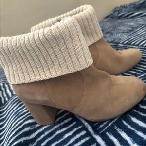 Women's Tan Suede Sweater Knit Top Ankle Heel Boots